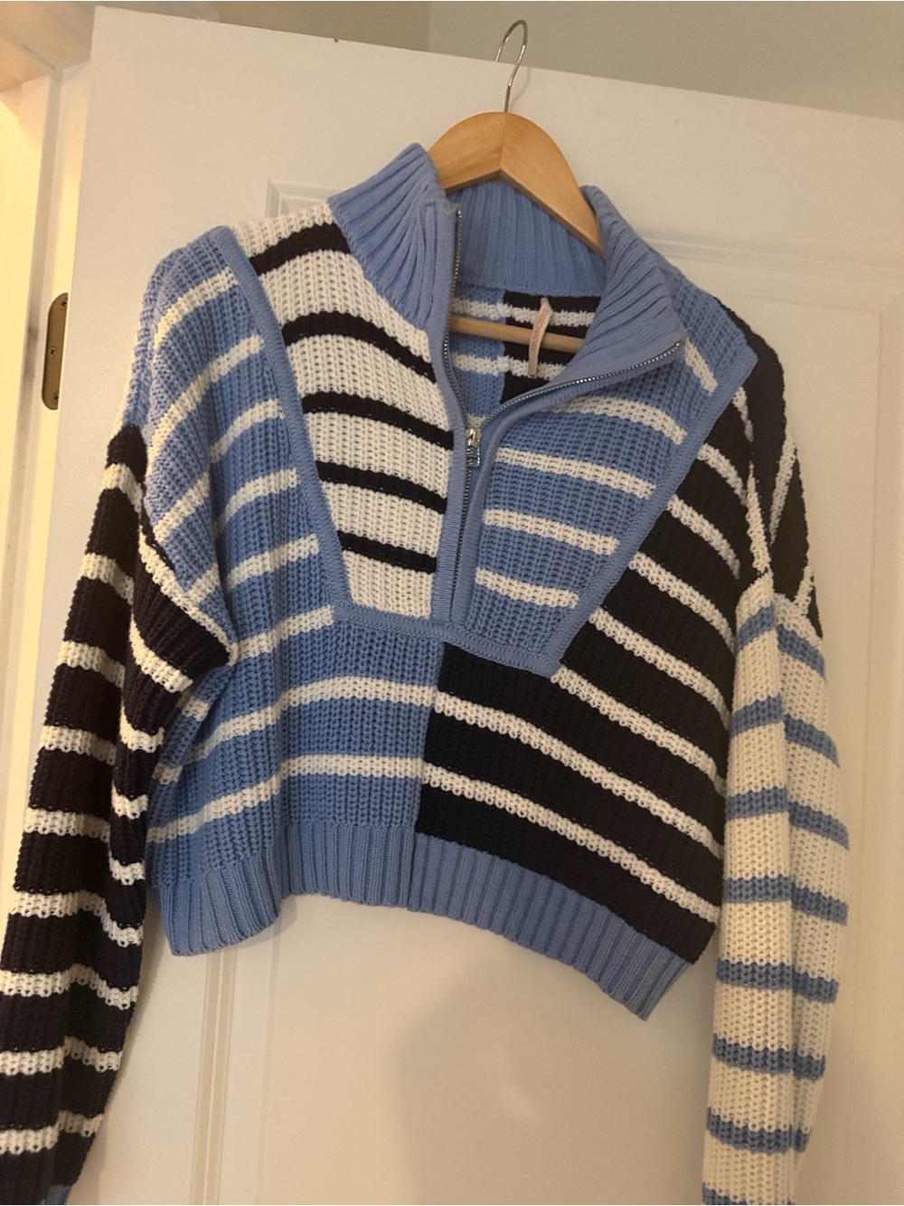 Olivaceous Light Blue, White & Black Striped Zip Knit Sweater